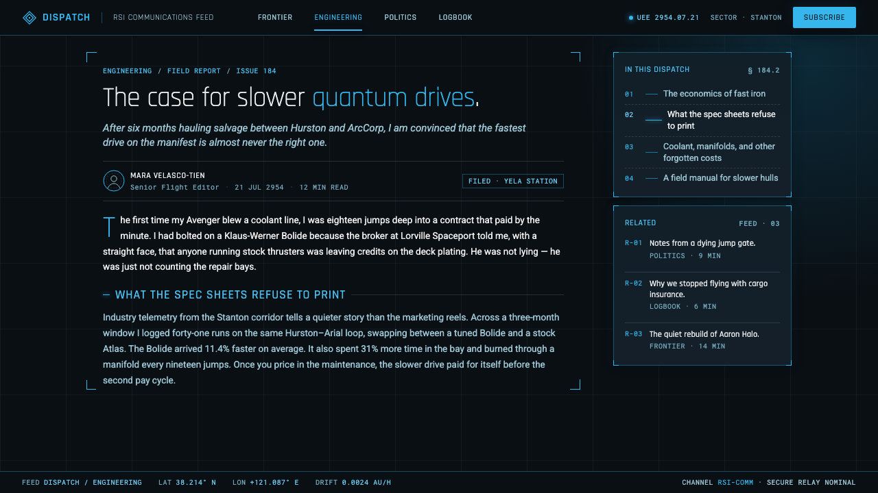 Star Citizen design style applied to a Article page