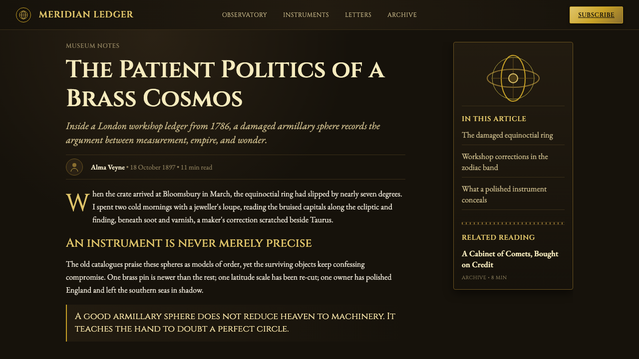 Armillary Sphere design style applied to a Article page