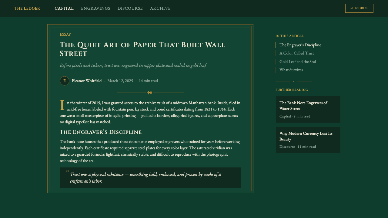 Stock Certificate design style applied to a Article page