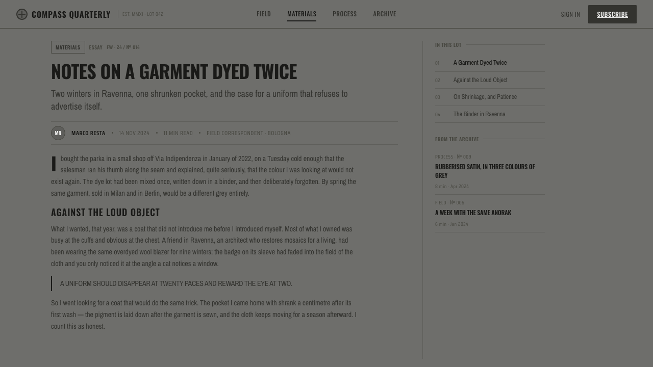 Stone Island Ghost design style applied to a Article page