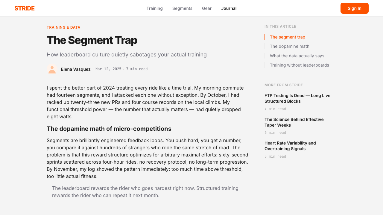 Strava Orange Fitness design style applied to a Article page