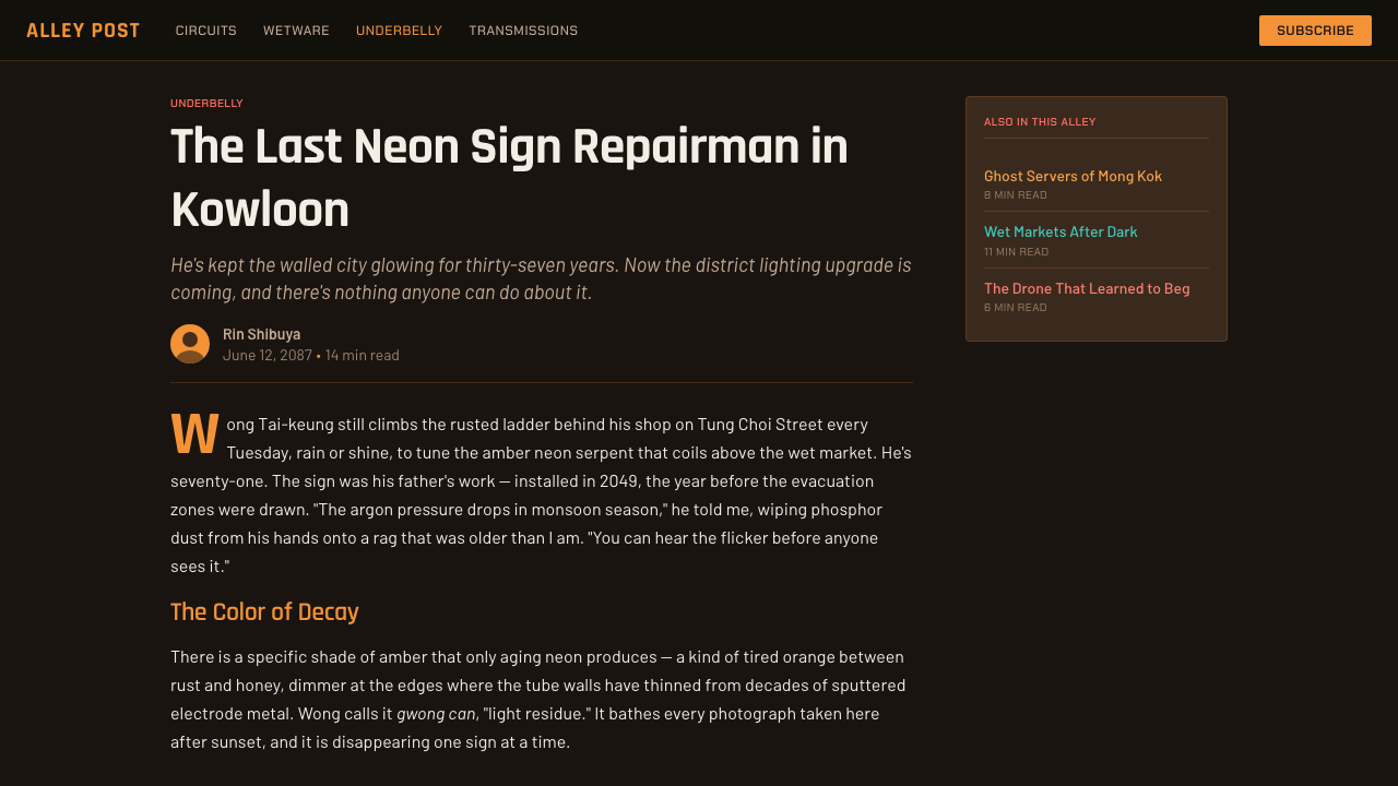 Stray Cyber City design style applied to a Article page