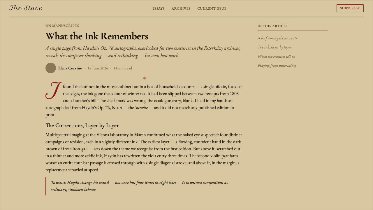 String Quartet Score design style applied to a Article page