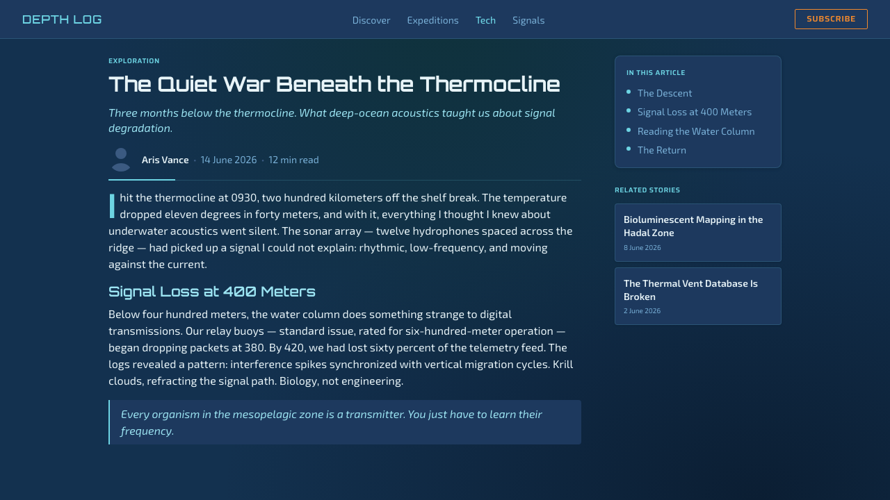 Subnautica Deep design style applied to a Article page