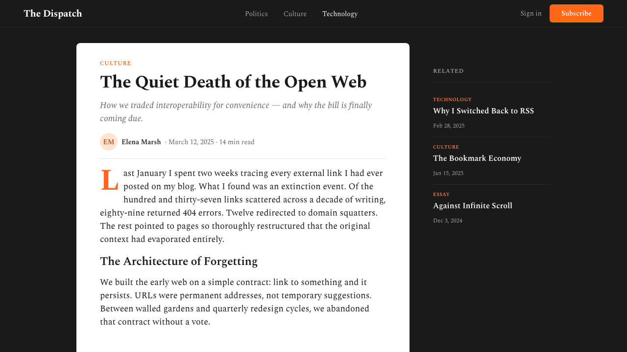 Substack Orange Newsletter design style applied to a Article page