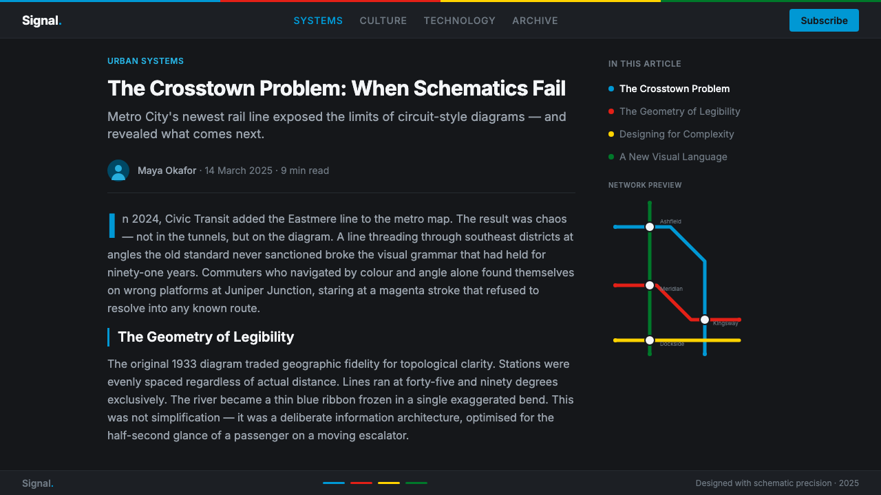 Transit Diagram (modern) design style applied to a Article page