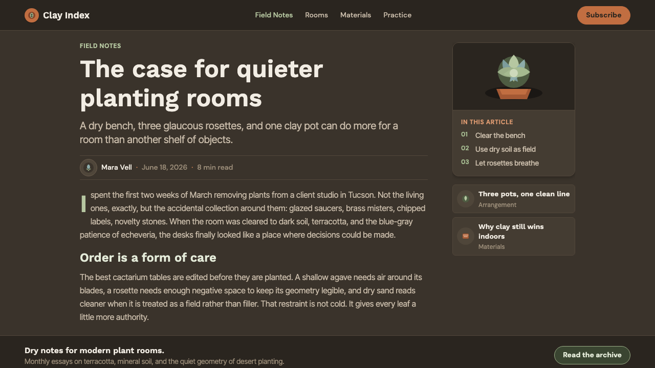 Succulent Cactarium design style applied to a Article page