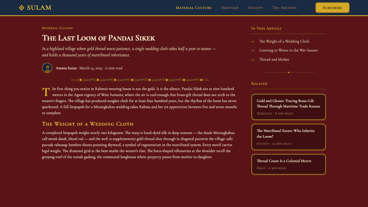 Sumatran Songket (Pandai Sikek) design style applied to a Article page