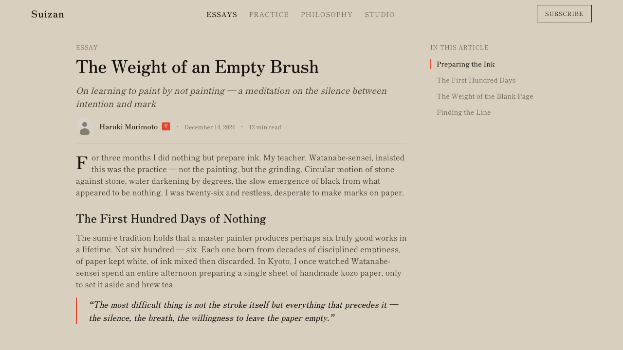 Sumi-e Ink Wash design style applied to a Article page