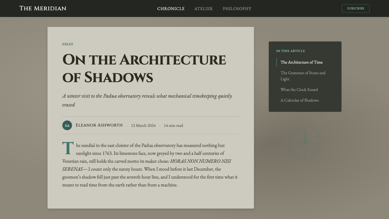 Engraved Sundial design style applied to a Article page