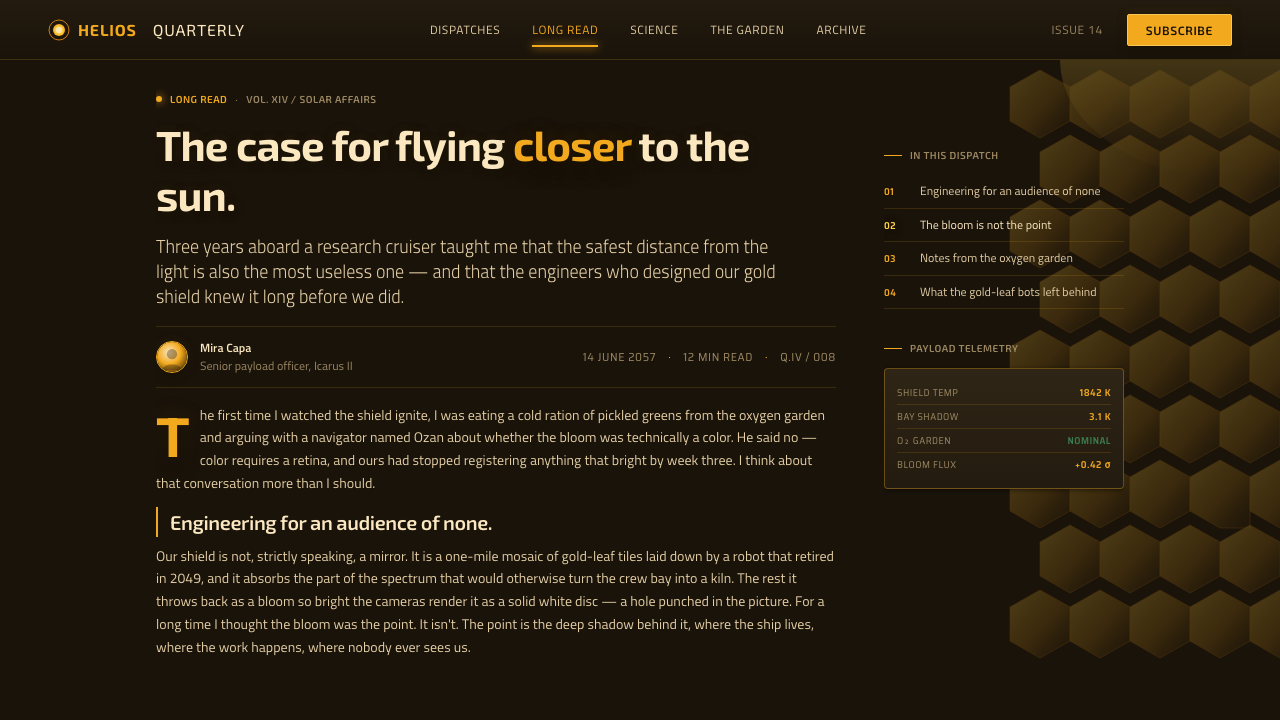 Sunshine (2007) design style applied to a Article page