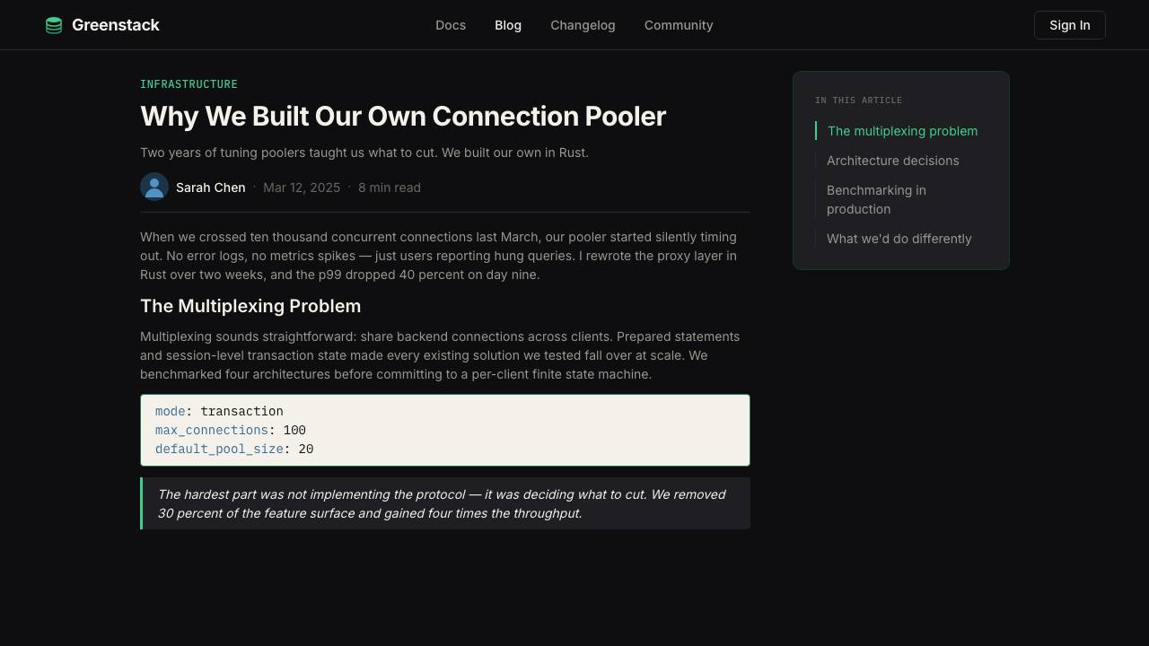 Supabase Postgres Green (2024) design style applied to a Article page