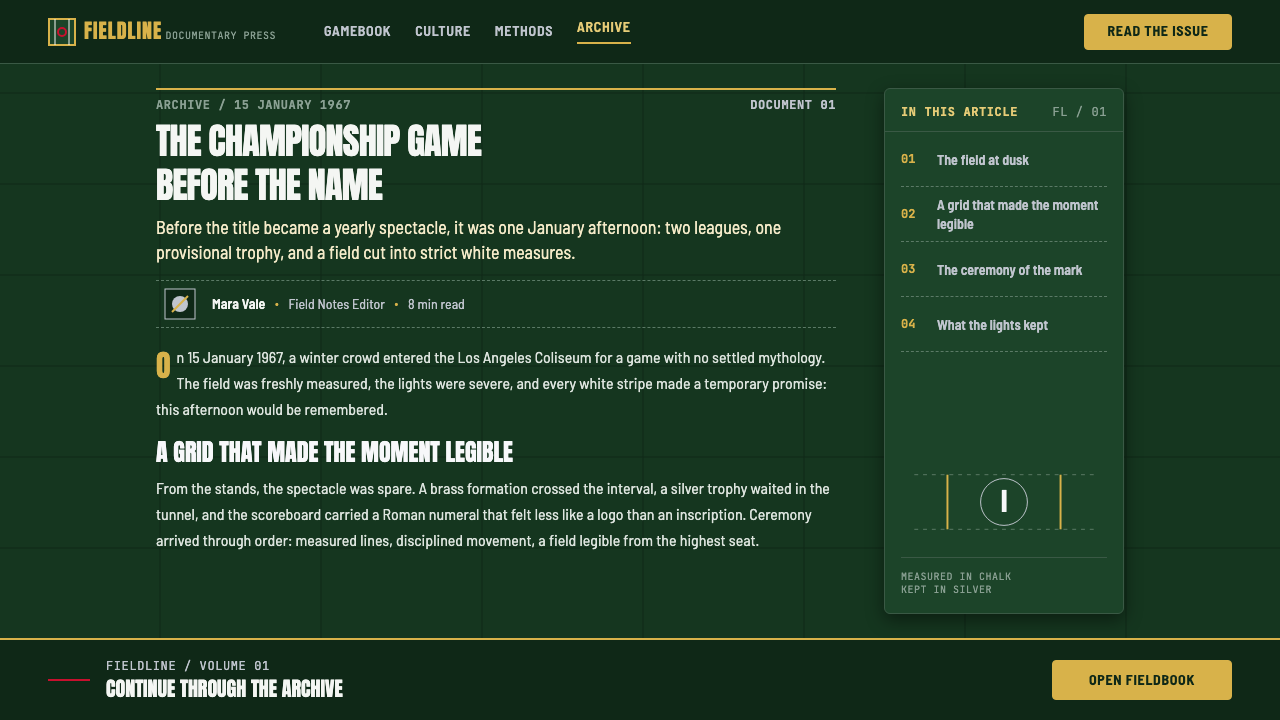 Super Bowl (1967) design style applied to a Article page