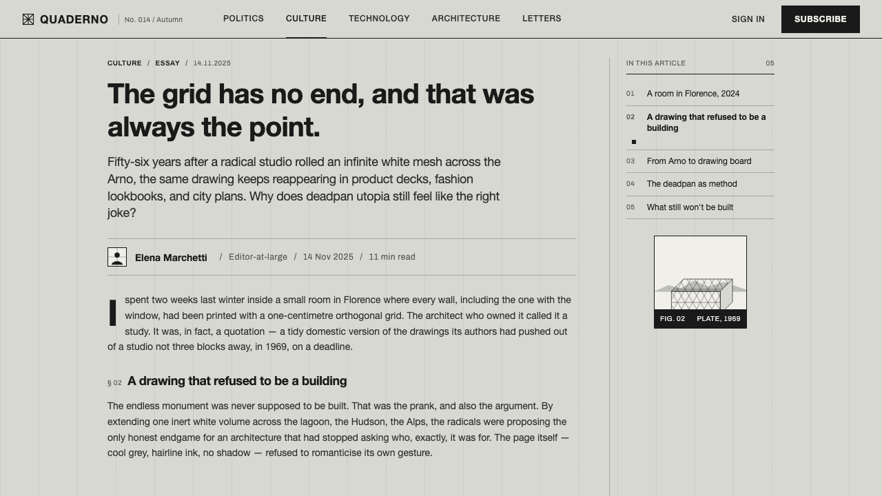 Superstudio Continuous Monument design style applied to a Article page