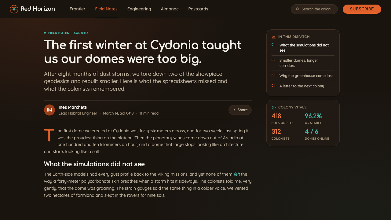 Surviving Mars design style applied to a Article page