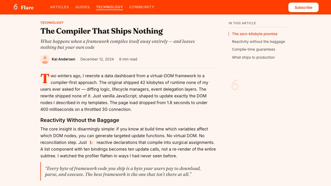 Svelte Compiler Orange design style applied to a Article page
