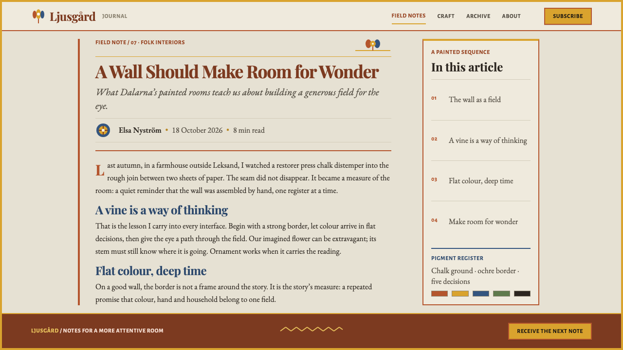 Kurbits Dalarna Painting design style applied to a Article page