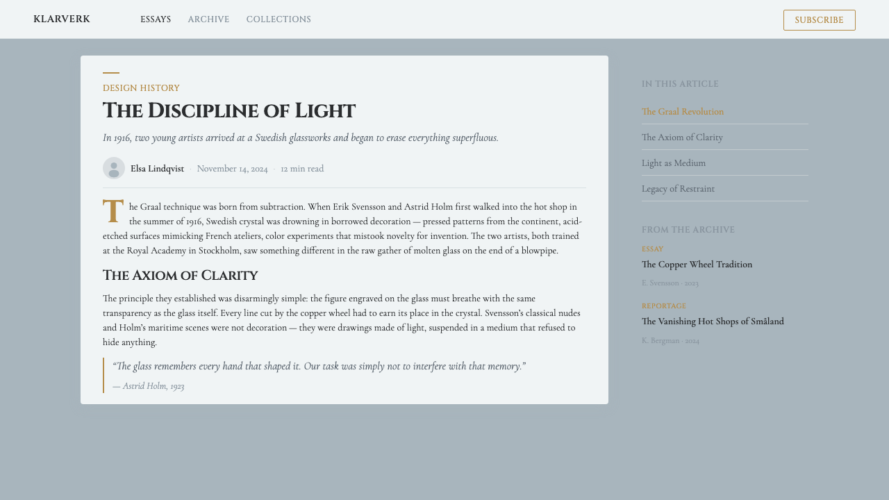 Swedish Orrefors Crystal (1916) design style applied to a Article page