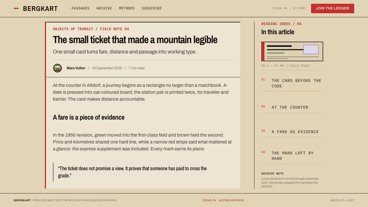 Alpine Funicular Ticket design style applied to a Article page