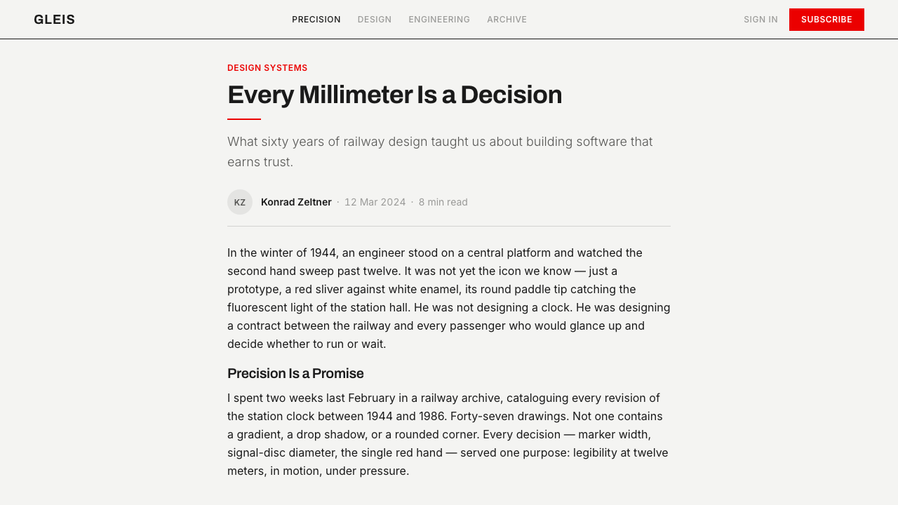 Swiss Railway Clock design style applied to a Article page