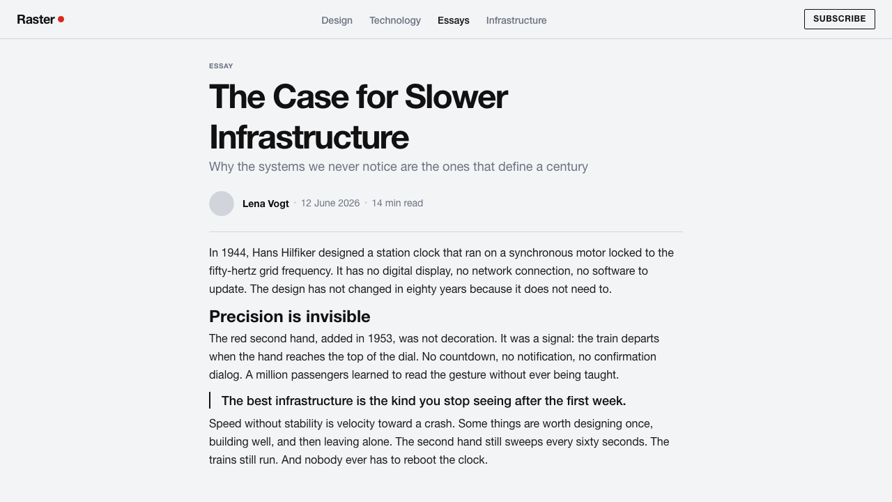Swiss Railway Clock design style applied to a Article page