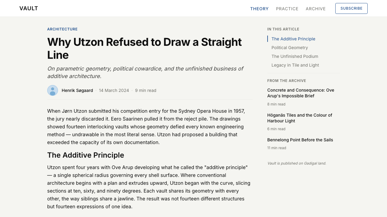 Sydney Opera House (Utzon, 1973) design style applied to a Article page