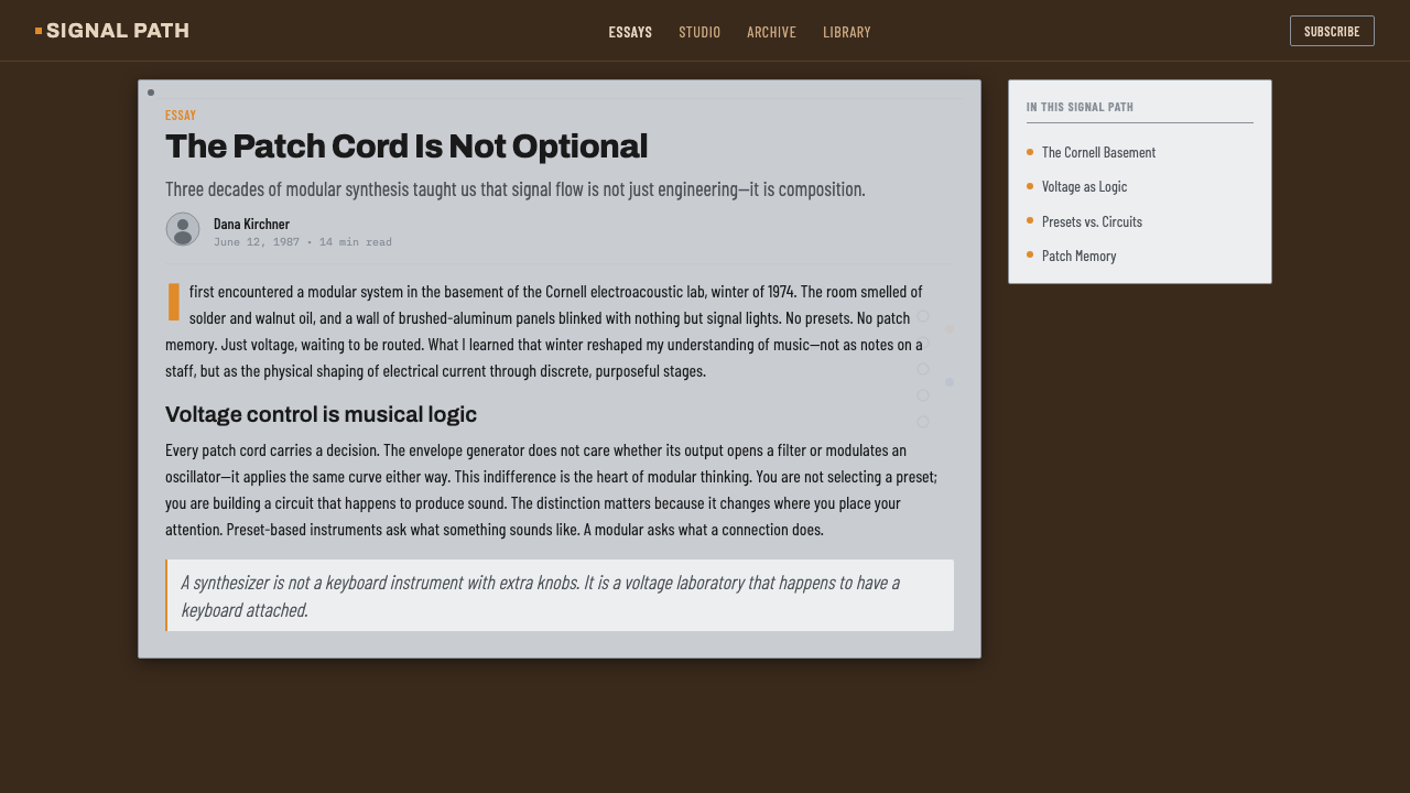 Moog Modular Synth design style applied to a Article page