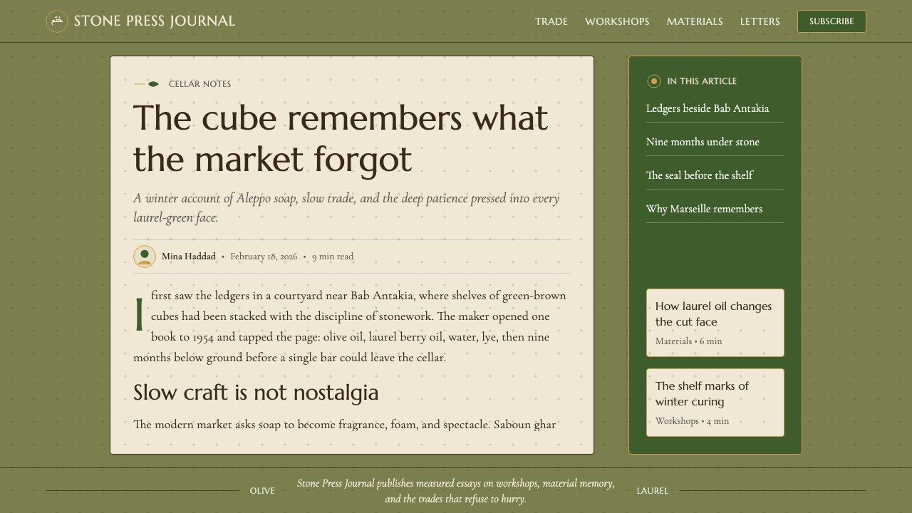 Syrian Aleppo Laurel Soap design style applied to a Article page