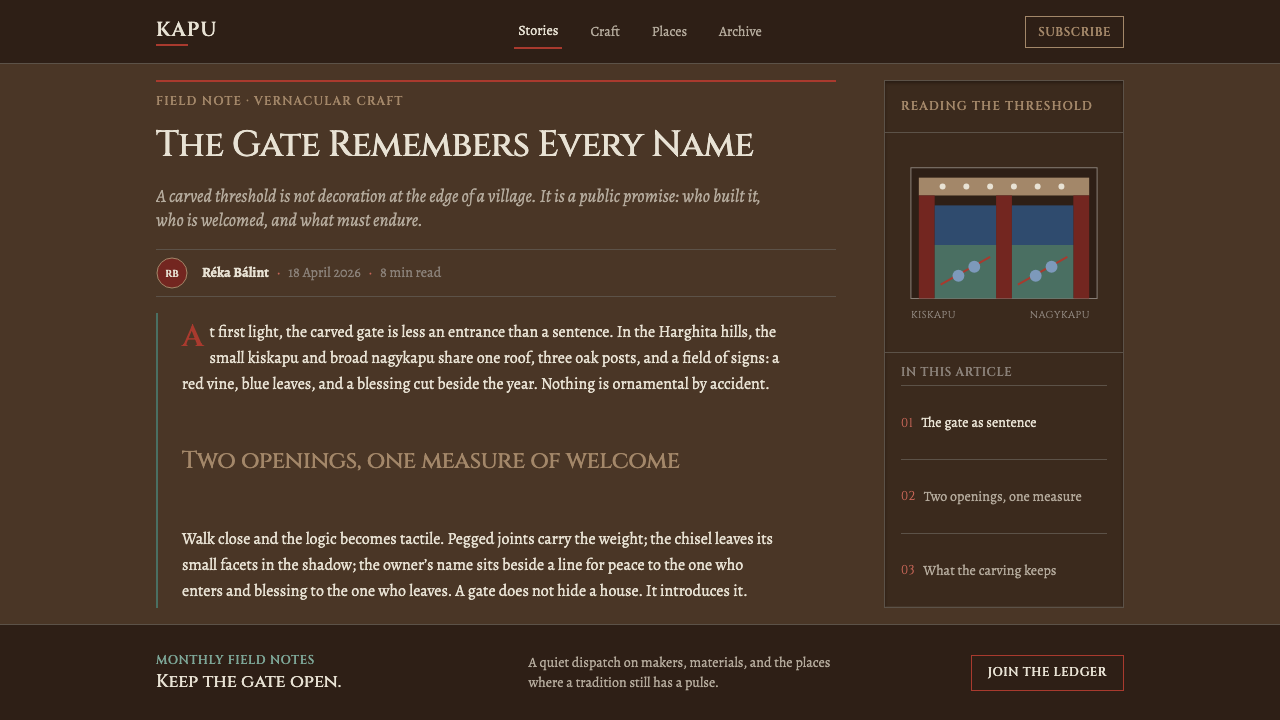 Szekely Gate design style applied to a Article page