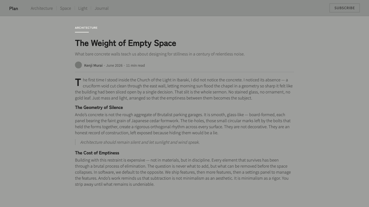 Tadao Ando Concrete design style applied to a Article page