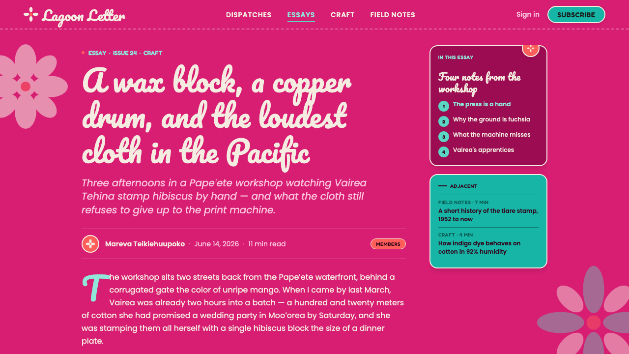 Tahitian Pareu Print design style applied to a Article page