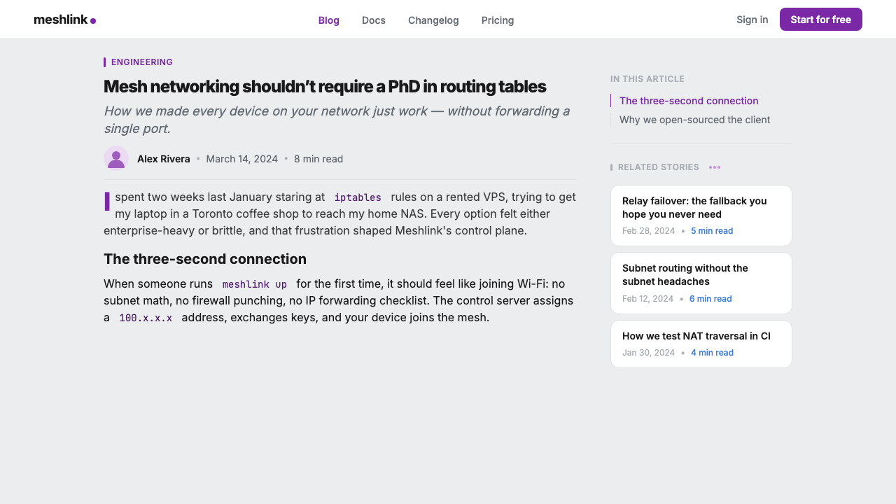 Tailscale Mesh VPN 2024 design style applied to a Article page
