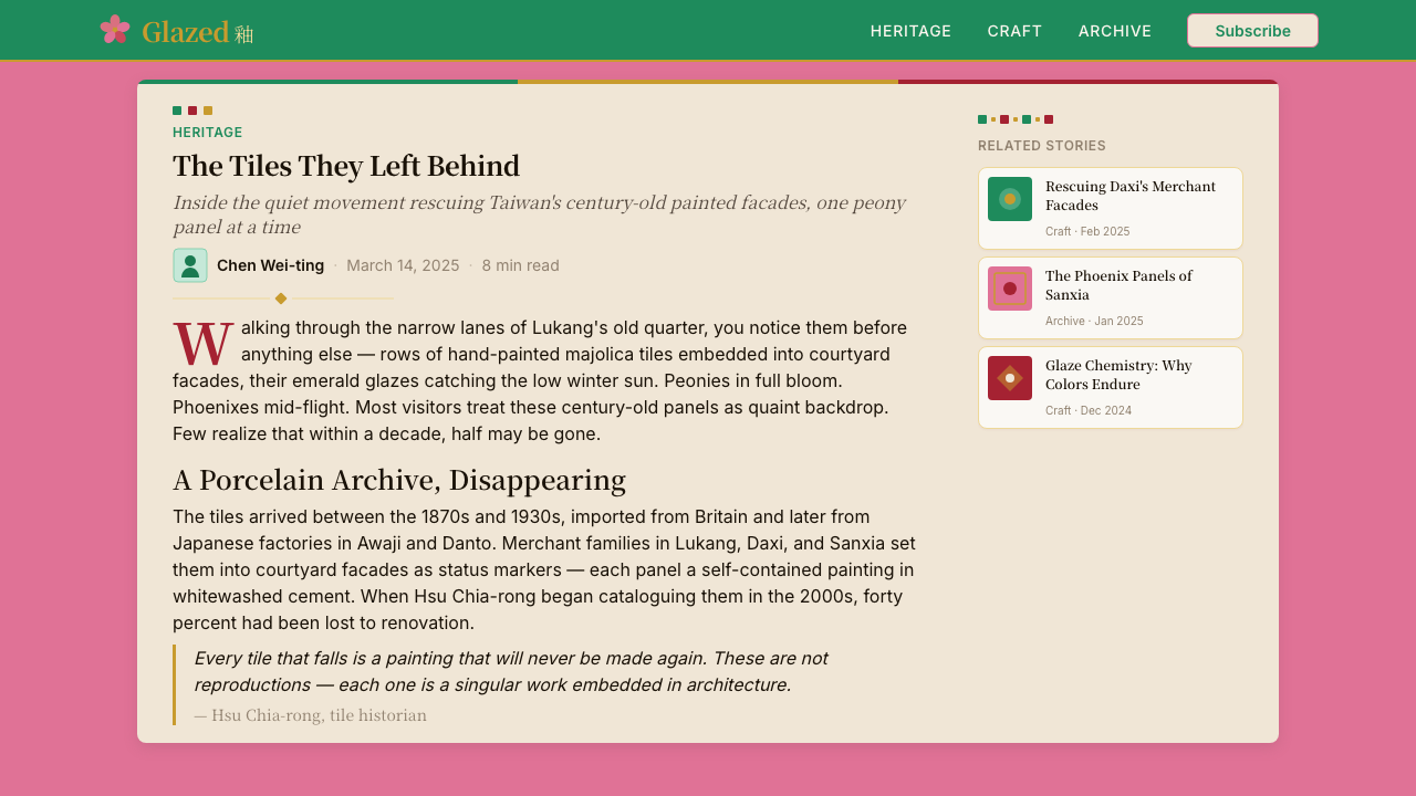 Taiwanese Painted Tile Vernacular design style applied to a Article page