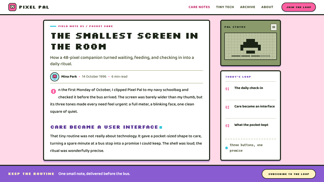 Tamagotchi (1996) design style applied to a Article page