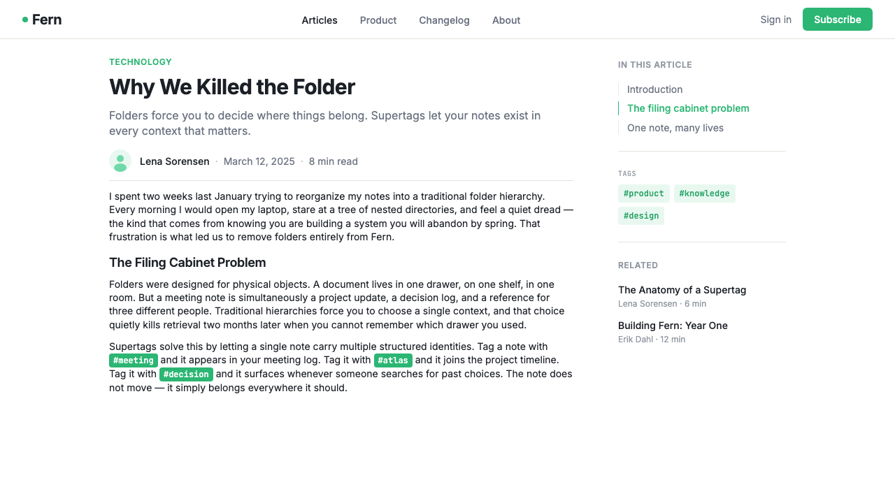 Tana Supertags design style applied to a Article page