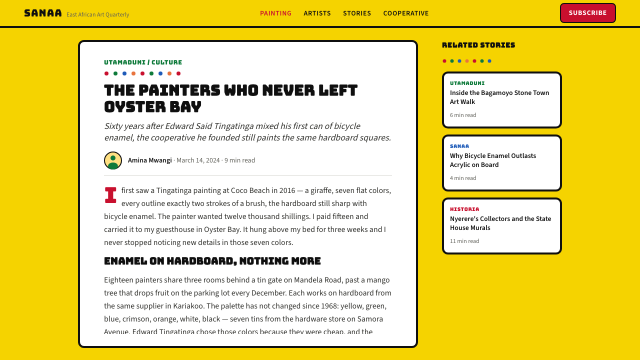 Tingatinga Painting design style applied to a Article page
