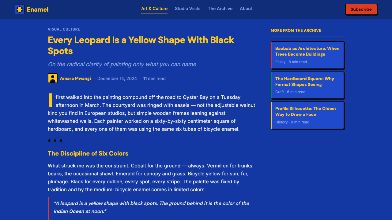 Tanzanian Tingatinga on Cobalt Canvas (1968) design style applied to a Article page