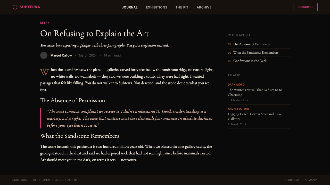 Tasmanian MONA Museum (2011) design style applied to a Article page