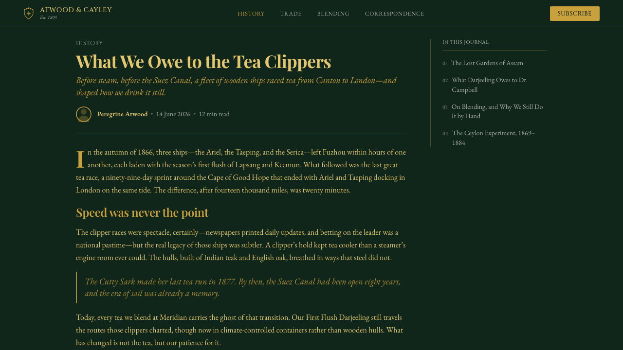 Tea Tin (Twinings 1837) design style applied to a Article page