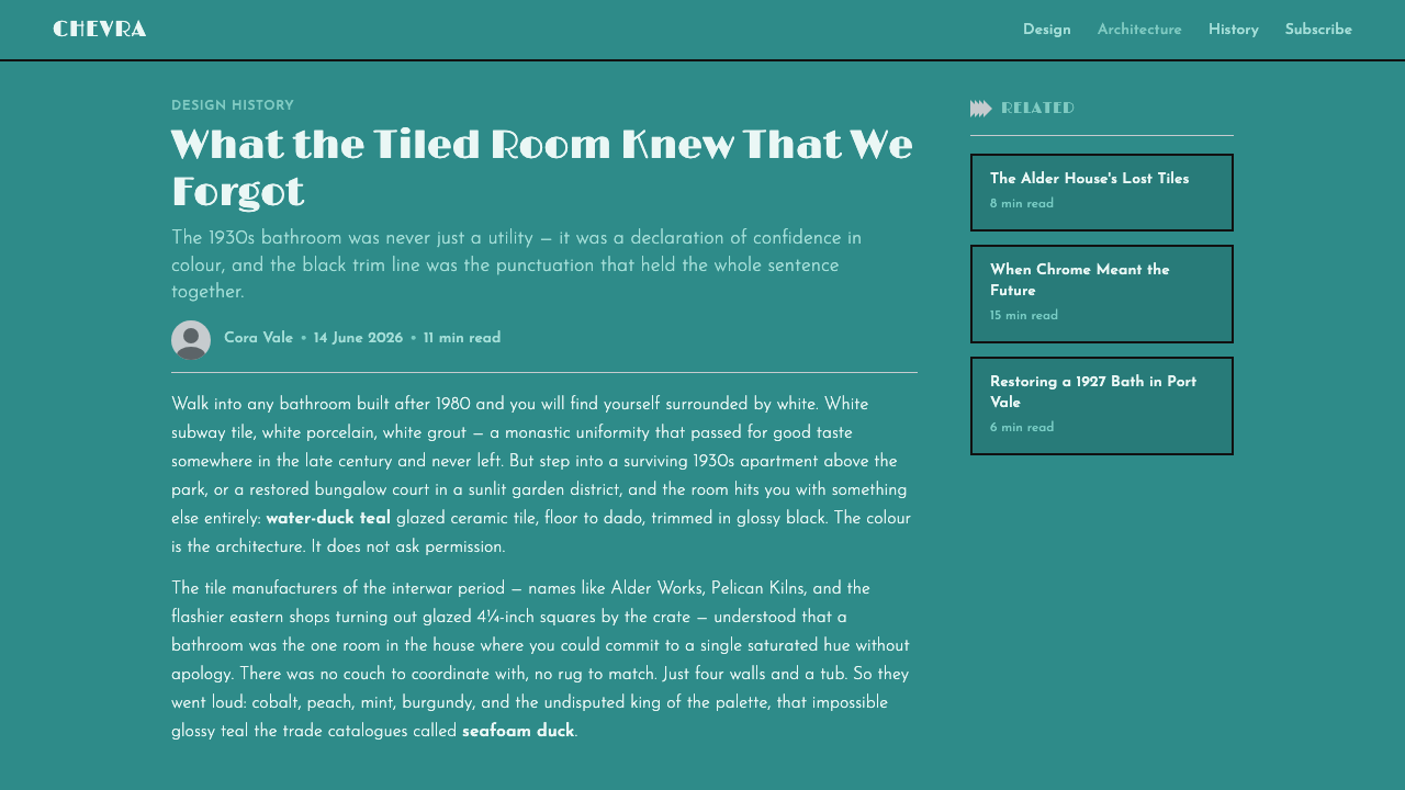Art Deco Teal Bathroom (1930s) design style applied to a Article page