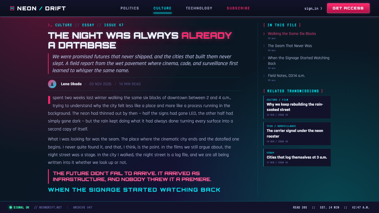 Tech-Noir design style applied to a Article page