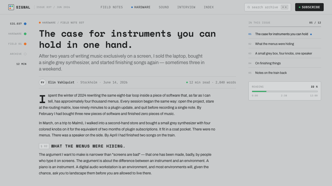 Teenage Engineering OP-1 design style applied to a Article page