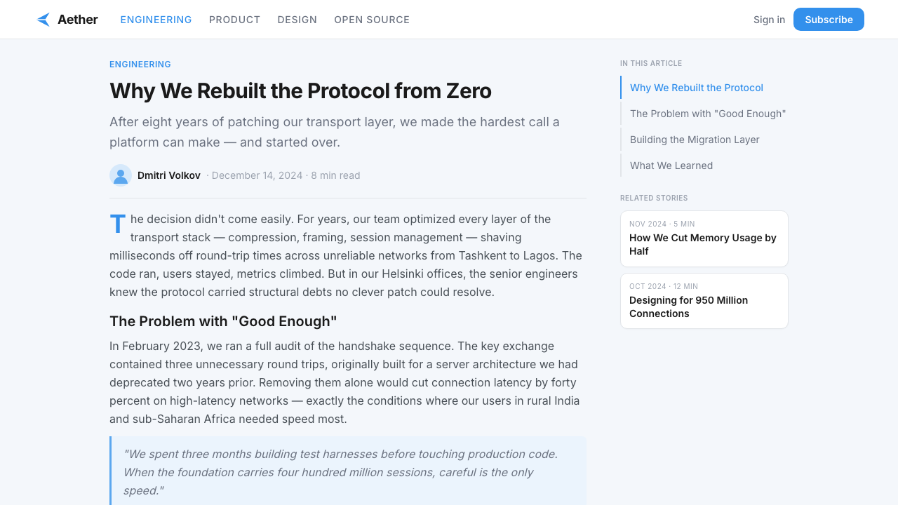 Telegram Blue Paper Plane design style applied to a Article page