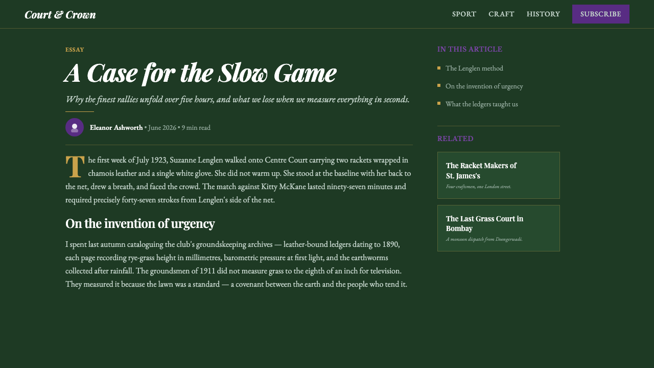 Wimbledon Grass design style applied to a Article page