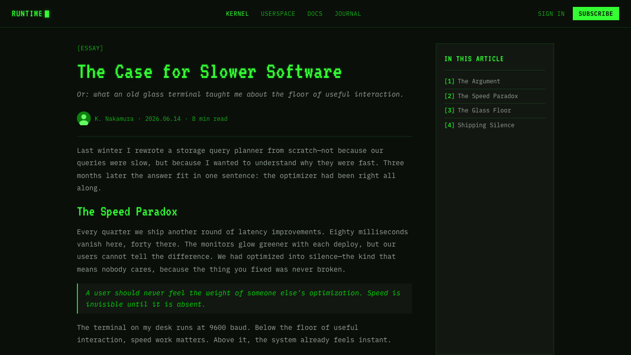 Unix Terminal Mono design style applied to a Article page