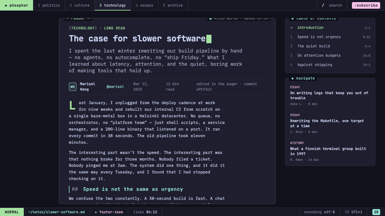 Cozy Terminal TUI Revival design style applied to a Article page
