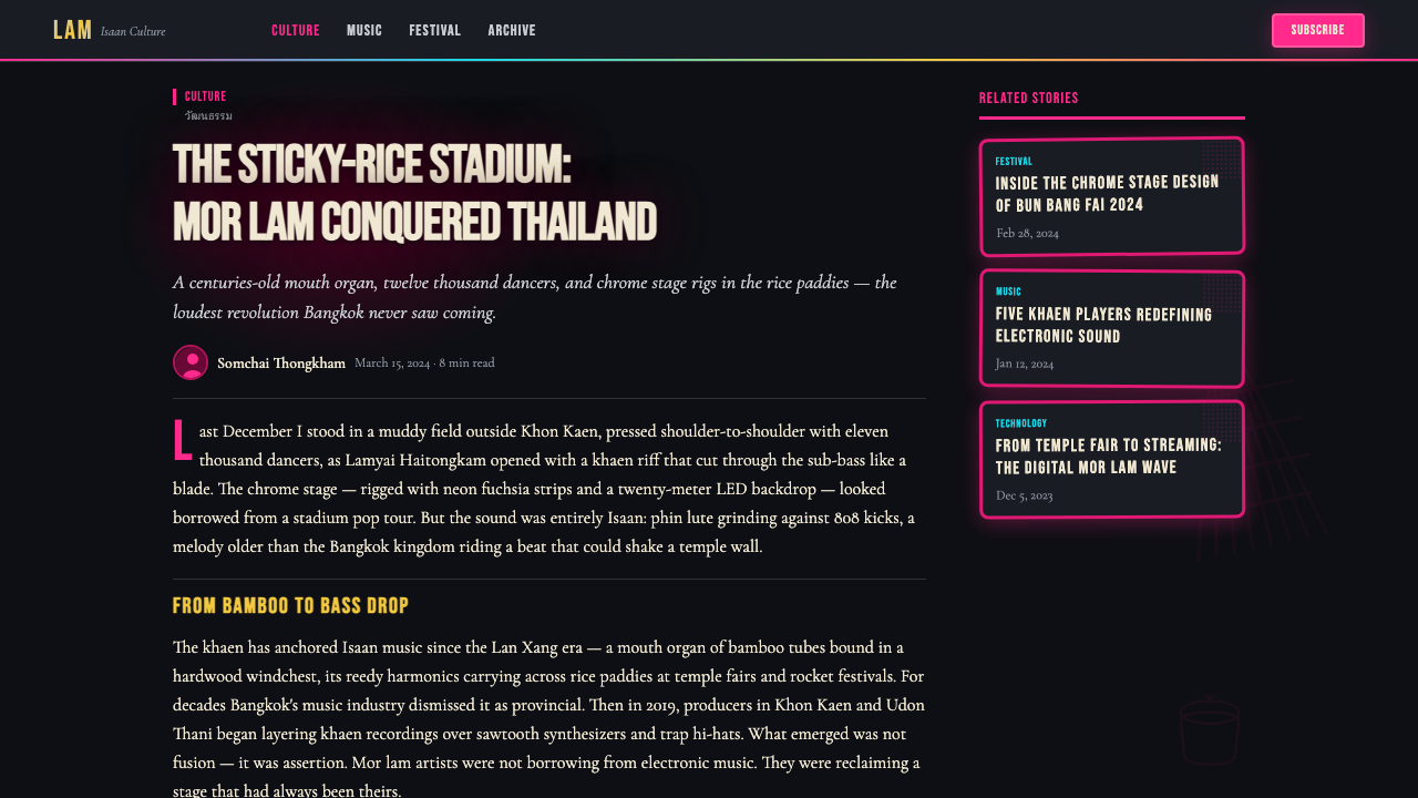 Thai Mor Lam Isaan (2020) design style applied to a Article page
