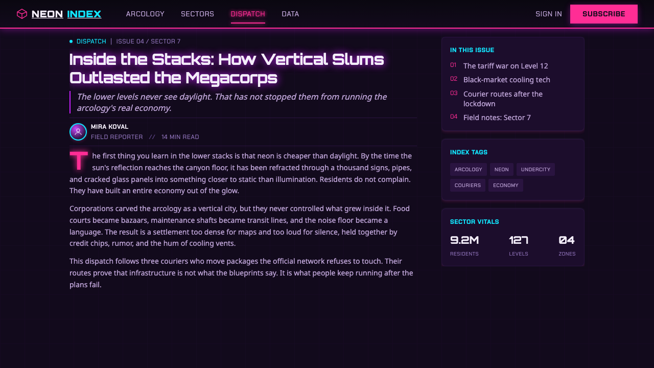 The Ascent Arcology design style applied to a Article page