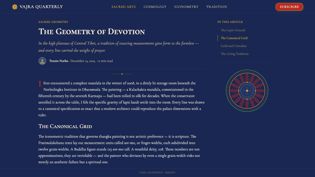 Tibetan Thangka Mandala (1500) design style applied to a Article page