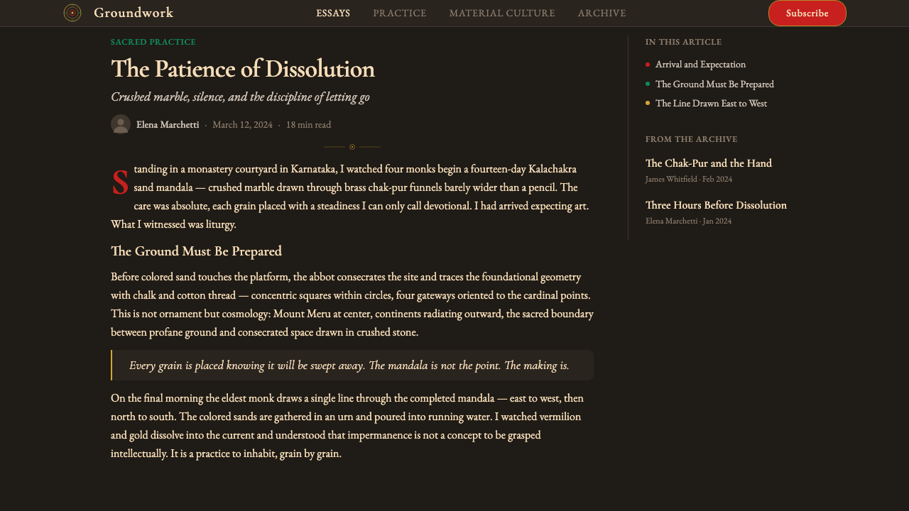 Tibetan Vajrayana Sand Mandala design style applied to a Article page
